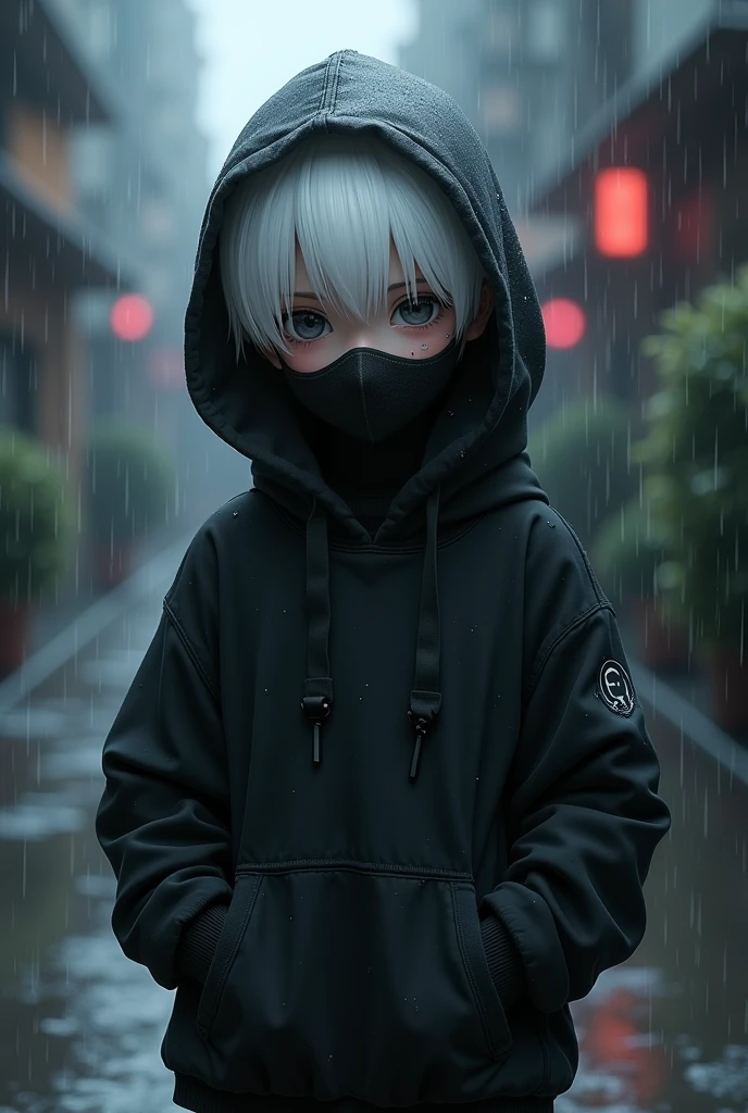 Black Mask, hoodie,cute,rain,sad, white hair,boy