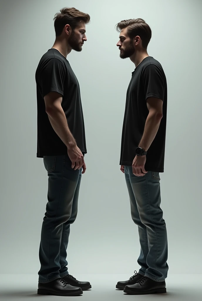generate a two handsome men standing at distance from each other and straight facing in front where one man wearing black oversized round neck half sleeves t-shirt and denim pants looking handsome and second man wearing regular size t-shirt looking like creep and nerdy against light greyish background.