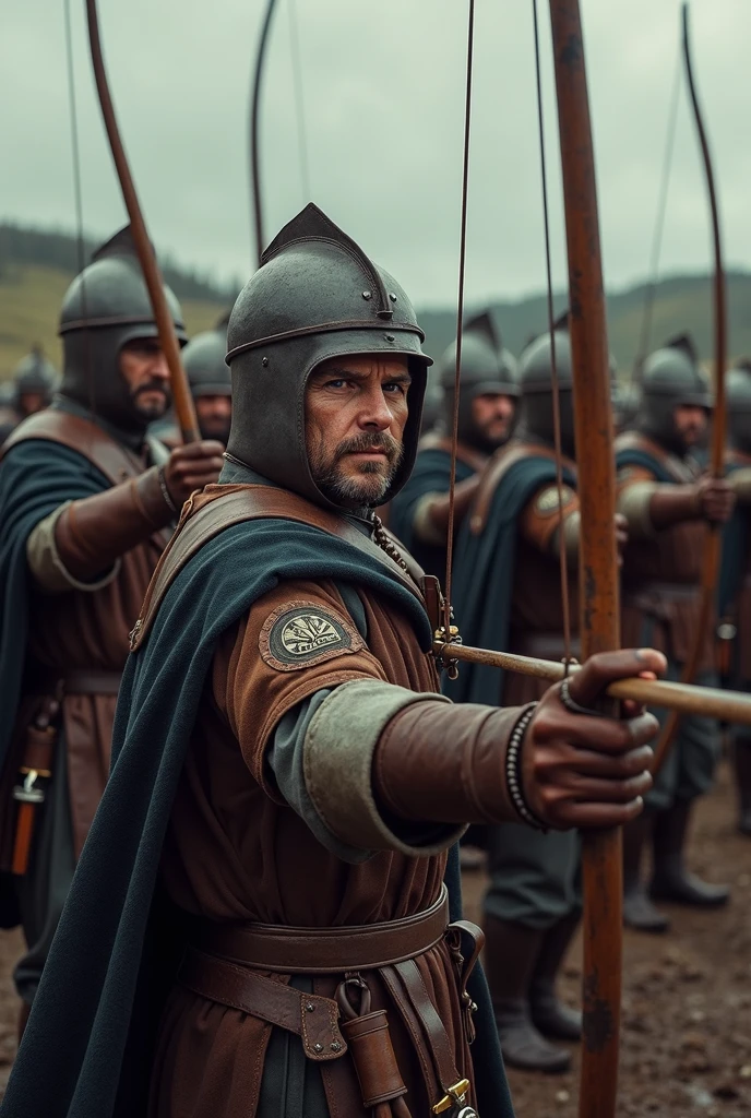 A group of English soldiers with bows and arrows, at the Battle of Agincourt, 1415"