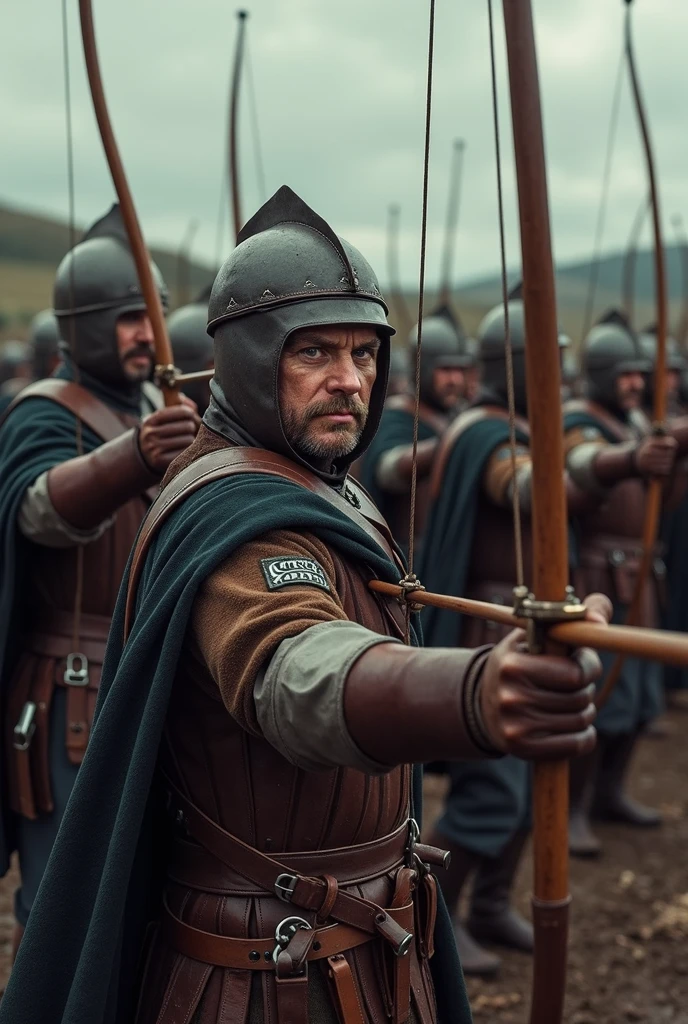 A group of English soldiers with bows and arrows, at the Battle of Agincourt, 1415"