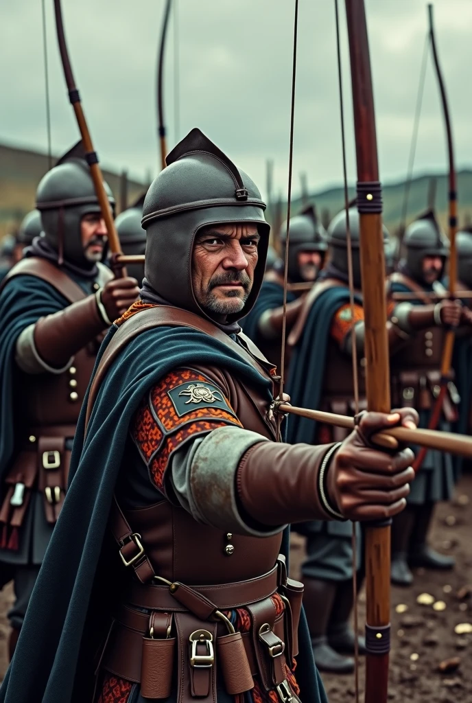 A group of English soldiers with bows and arrows, at the Battle of Agincourt, 1415"