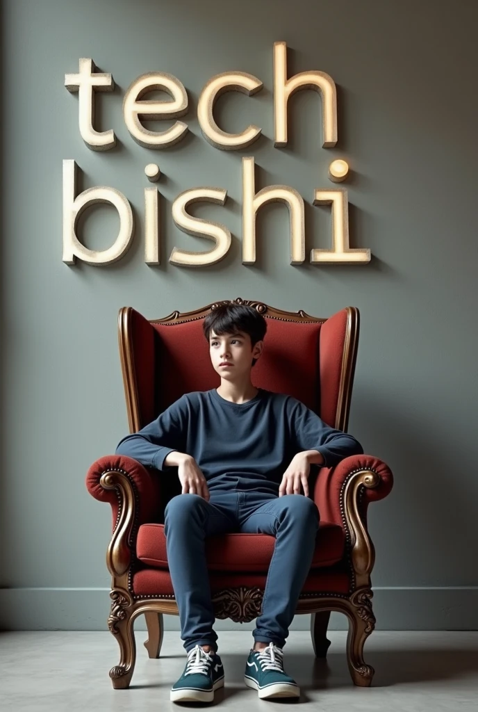 A 16 years boys sitting in king chair with wing and there background wall written "Tech bishal"