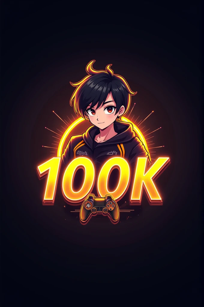 This is a Movie logo that features the name "BK EDITZ 100k" in a futuristic font and a neon Golden color. and Boy Anime avtar, The logo also has a stylized controller icon. The logo is designed to be attractive and eye-catching, and to appeal to movie enthusiasts and
