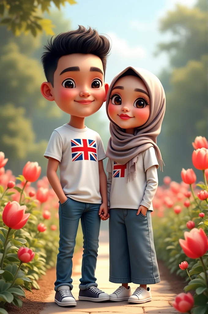 realistic 4D caricature photo, big head, photo of Indonesian-faced couple, adult male, 30 years old, round face, Neat short curly black hair, wearing a white t-shirt with a flag picture England, long jeans, sports shoes, an adult woman, 30 years old, wearing a hijab, wearing the same clothes, a romantic standing pose while facing forward, the background in a beautiful and colorful flower garden 