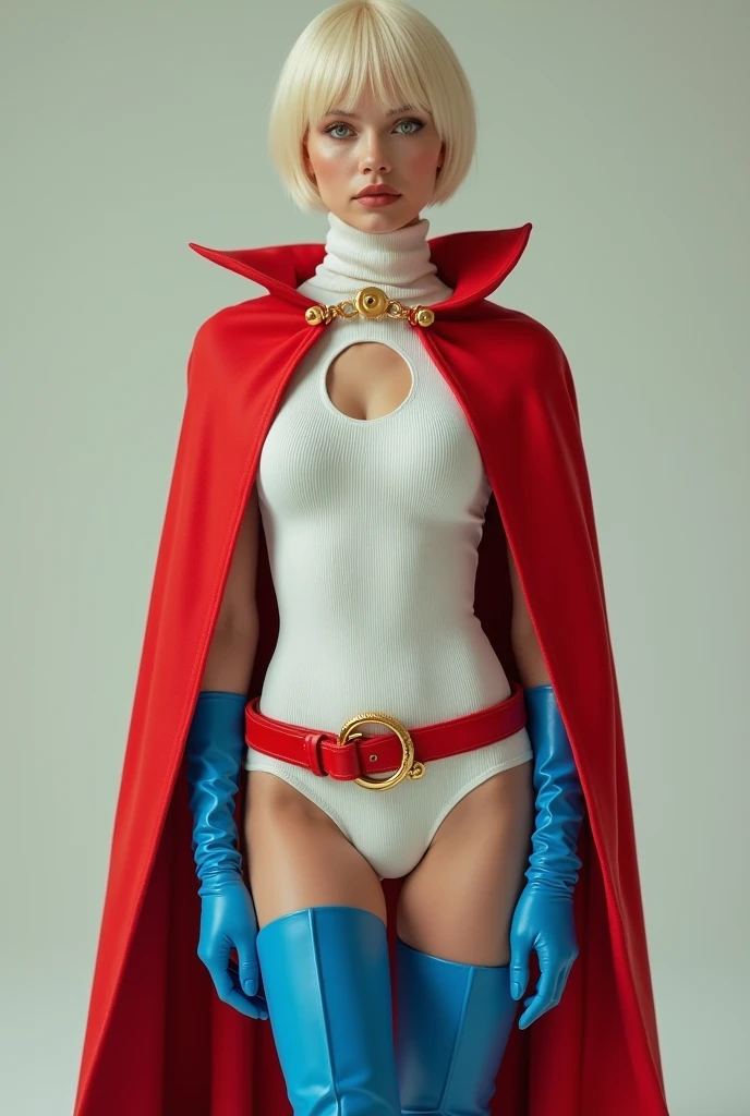 PHOTO REALISM. A FEMALE WITH SHORT BLONDE HAIR, BLUE EYES WEARING A WHITE TURTLE NECK CORDROY LEOTARD WITH A ROUND CUT OUT HOLE ON THE CHEST, LONG BLUE GLOVES, TALL BLUE BOOTS, A RED WAIST BELT WITH A GOLD CIRLCE, AND A LONG RED CAPE ATTACHED AT THE NECK WITH A GOLD CIRCLE CLASP. PHOTO REALISTIC. ABSURD 8K DETIALS AND TEXTURES. MASTERPIECE.