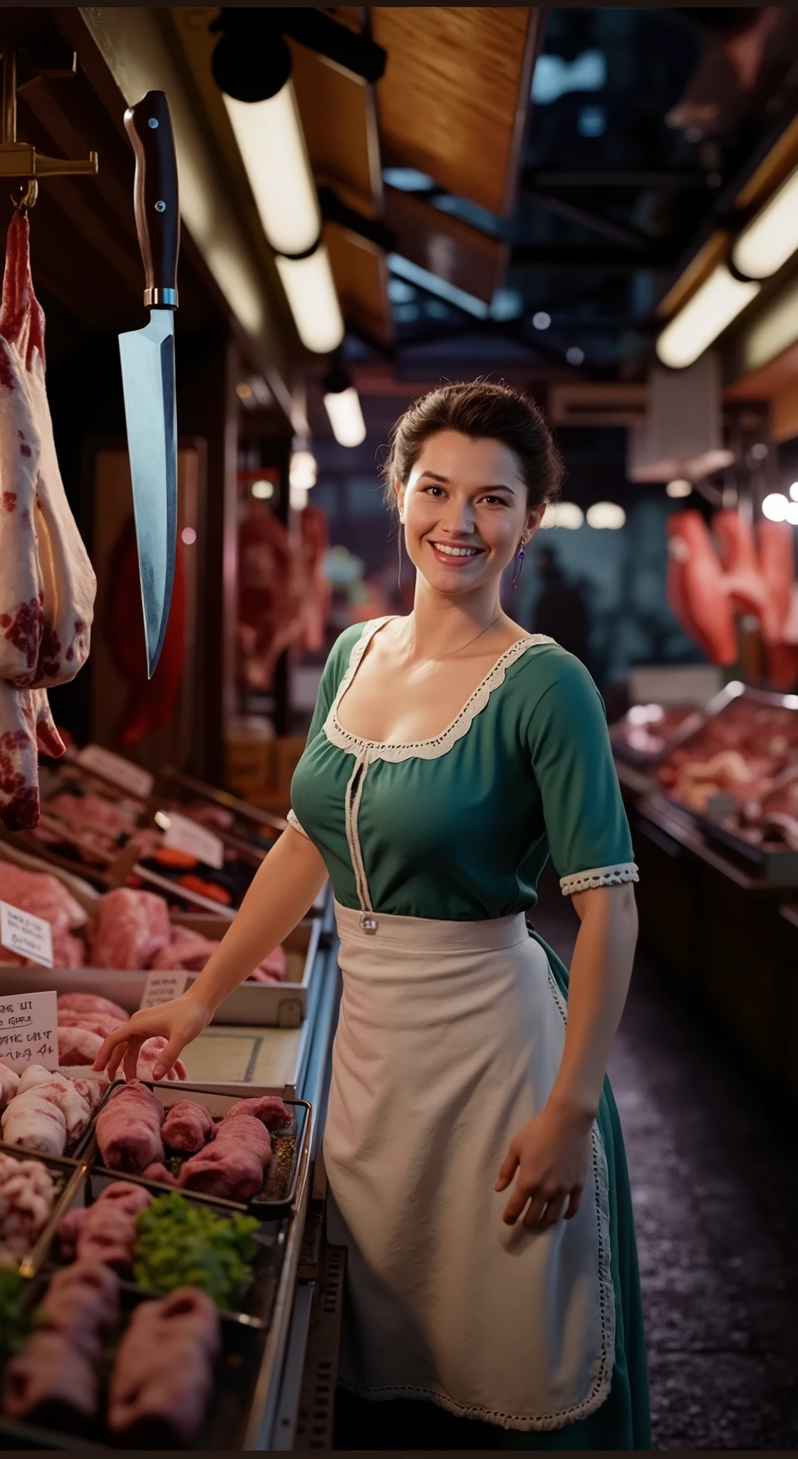 21 yo Beautiful friendly and happy Traditional Market female vendors [Elizabeth II:Maude Adams:0.45], butcher section, butcher dagger, butcher apron, detailed face, perfect face, perfect eyes, symmetric eyes, insanely detailed and intricate, ultra sharp focus, cinematic scene by Tim Burton, professional masterpiece photo realistic digital artwork by Frank Bellamy, artistic scene by Tim Burton, directional lighting, octane render, professional lightroom color grading by Mark McGee