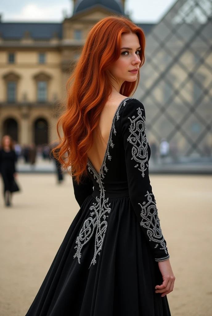 A breathtaking, full-bodied, elegantly seen red-haired woman from full length, wearing a short, flowing black dress adorned with intricate silver embroidery and delicate Celtic knot patterns. Her long, wavy hair cascades down her shoulders. The background is the Louvre museum in Paris. The scene has a charming, almost mystical quality reminiscent of classical painting styles, emphasizing beauty and nature in harmony.