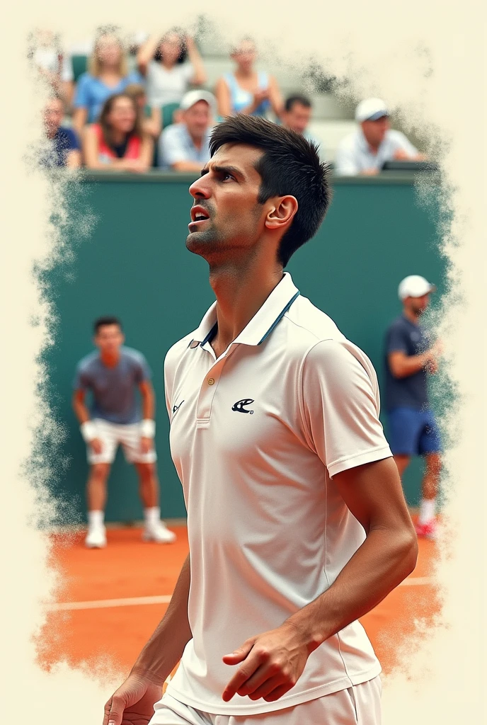 Minimalist and realistic square-sized collage of Novak Djokovic with Jannik Sinner, Rafael Nadal, Carlos Alcaraz, and Andrey Rublev playing a match. In the background a tennis court, with soft and pretty colors, with the English phrase of Novak Djokovic: “The winner is the one who believes in victory more”. It is important that Novak and the phrase are the protagonists of the image.