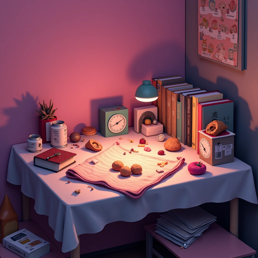 Close up of a table with waste water on it, cloth, books, snacks, chocolate, pink wall background, cute elements, night, hyperrealistic idea