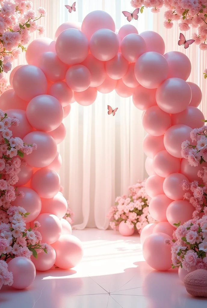 Photo of the entrance to a birthday party with a pastel pink main color and a butterfly theme. The image should show a pastel pink balloon arch at the entrance, chic decorations that are on theme