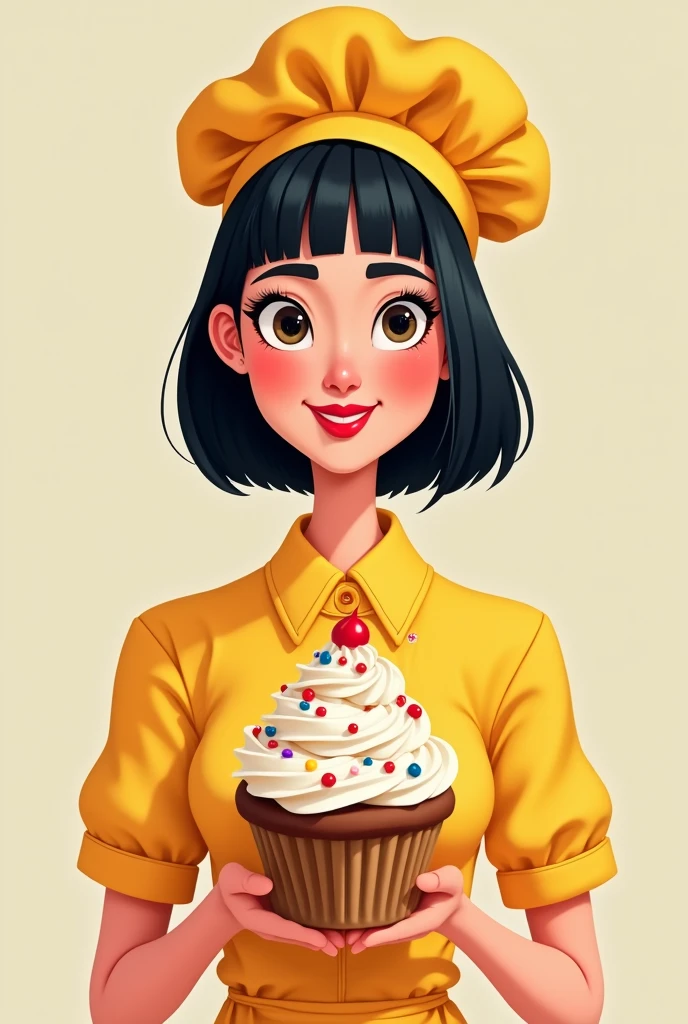 Create a caricature of a woman with straight hair, cut above the shoulders and in black color. She is wearing a yellow pastry chef outfit and holding a cupcake..