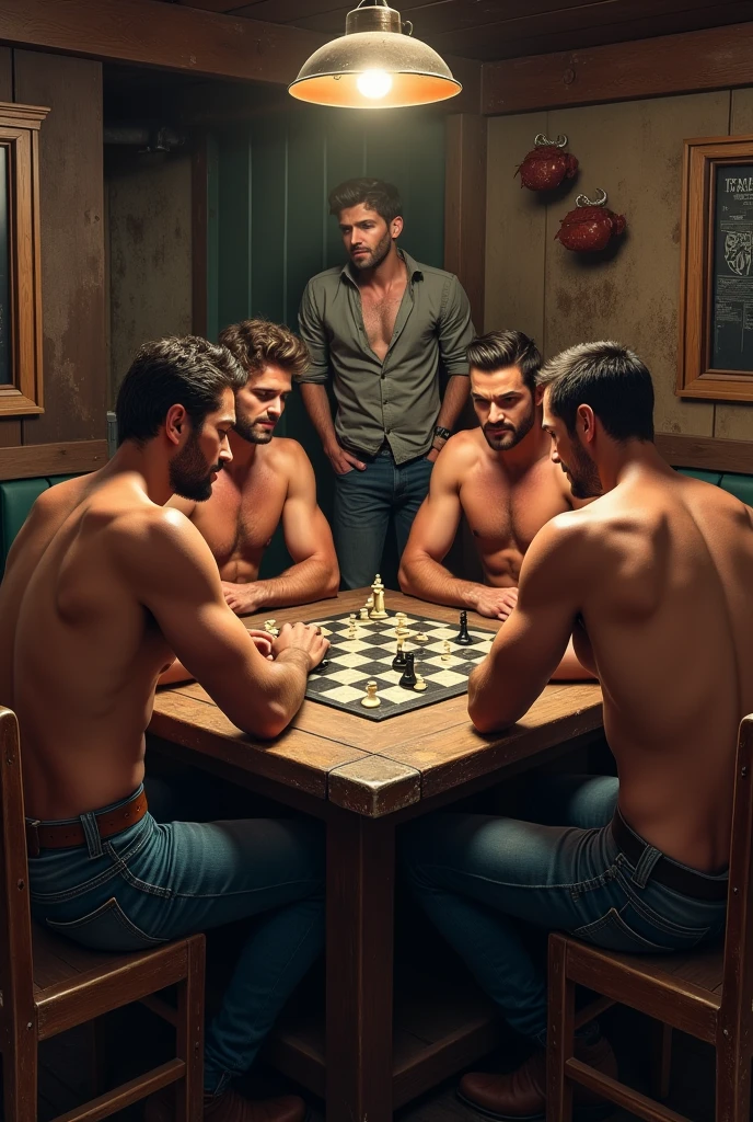 4 handsome men playing checkers in a cowboy bar some shirtless and others wearing one and a handsome young man standing next to them watching them play