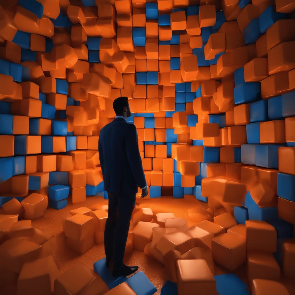 Make a 4k room that has blue cubes in different shades and that makes orange light between them and that there is a person observing between the cubes how some cubes come off the wall and that from it A humanoid hand comes out, and it is the cause of the cubes moving, and it seems that there is 0 gravity in the place. 