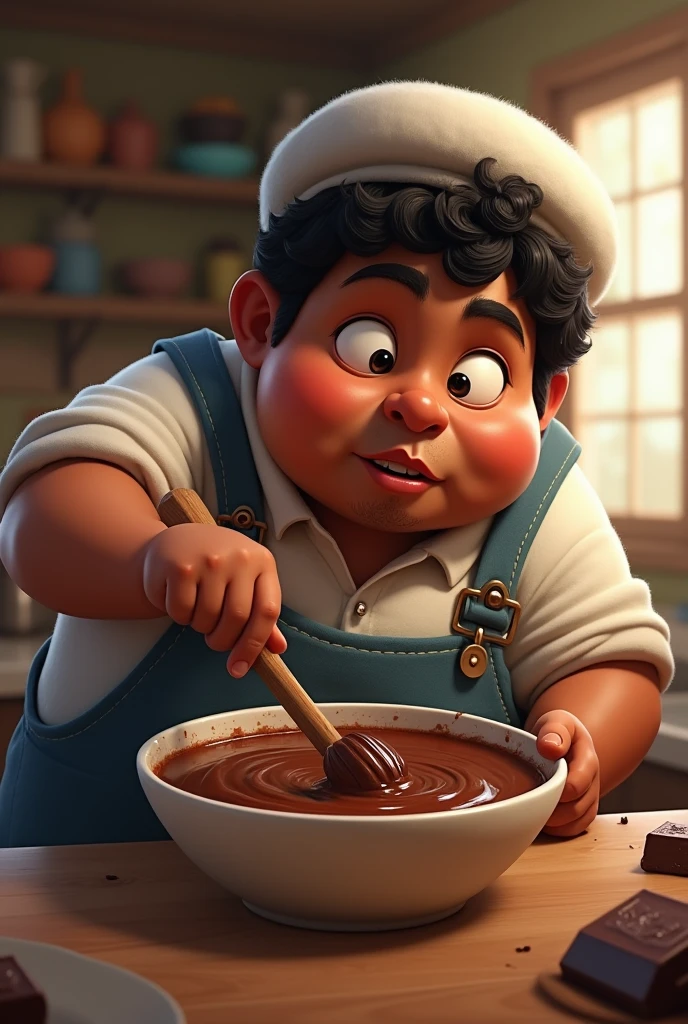 male character, plumpness, light tan, Indian hair,with a mole under the nose on the left side Small for logo, with sailor's cachangá, com chocolate na boca, stirring bowl of brownie batter, with realistic features, smaller, full body with shirt