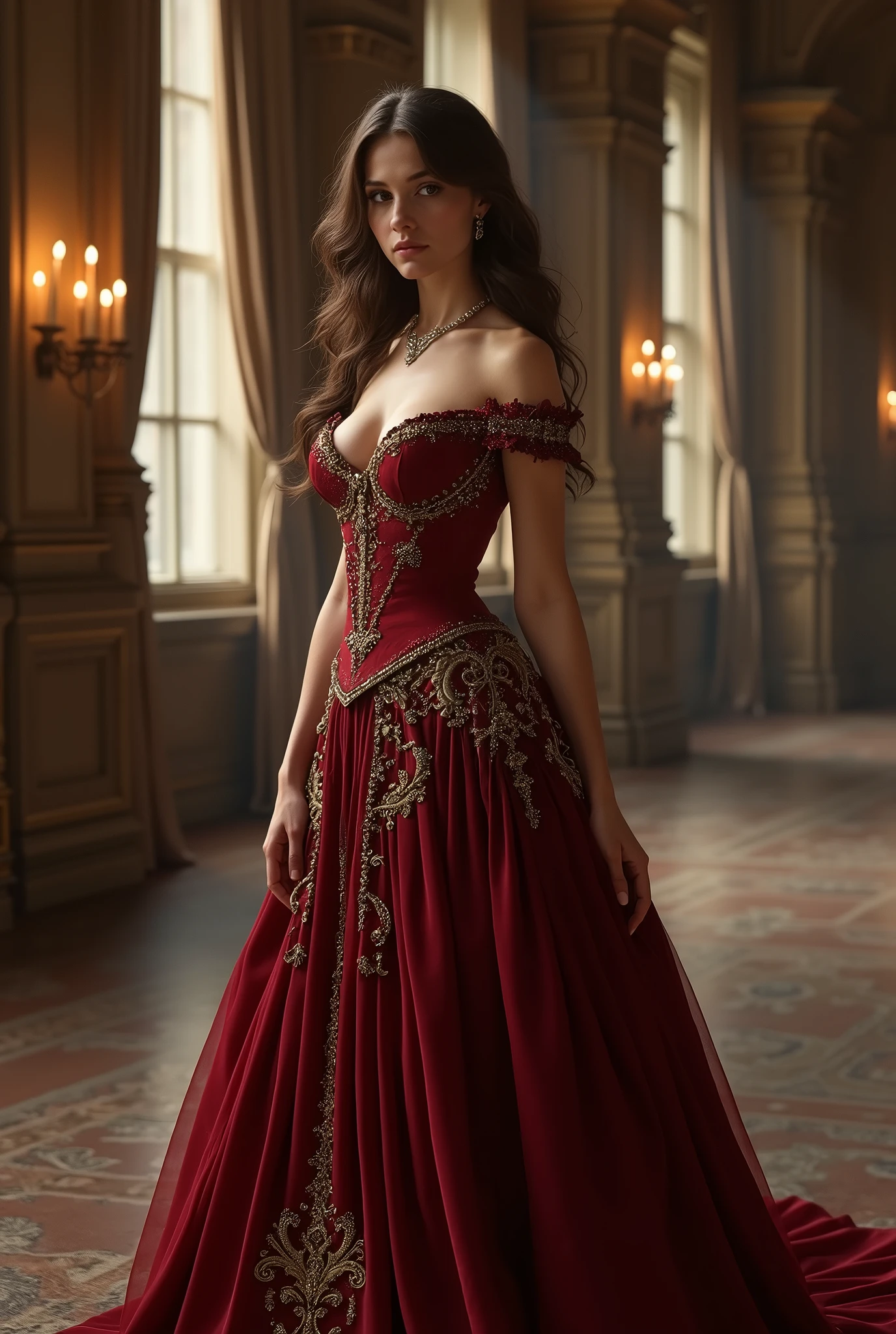 A visual depiction of Lady Seraphina d’Aurelis in a more sensual yet graceful and noble style, set in a dark fantasy Renaissance Era theme. Lady Seraphina is shown in a luxurious gown that accentuates her figure while maintaining her regal presence. The gown is made of deep crimson silk with gold accents, featuring a form-fitting bodice, a low neckline, and delicate lace details. Her chestnut brown hair is styled in elegant waves, adorned with small jewels. She stands with poise and elegance, embodying both sensuality and nobility. The background suggests a grand palace hall, with tall windows, heavy drapes, and soft candlelight. The depiction is in a realistic, high-detail oil painting style, capturing the balance between her seductive charm and her royal bearing.
