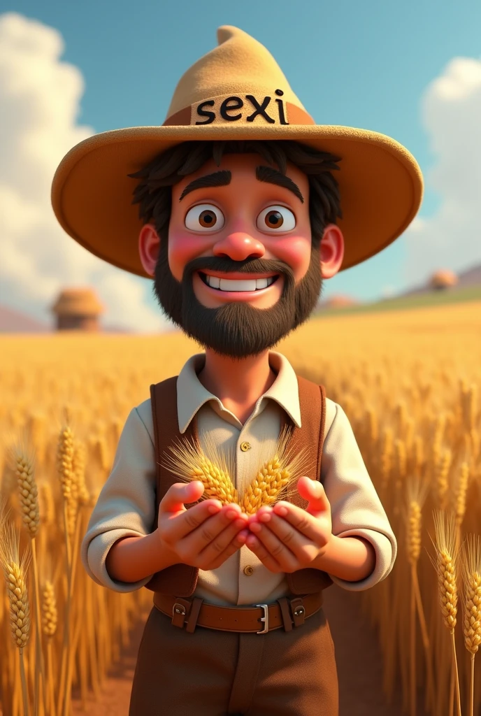 A peasant man, with a hat on his head with the name Sexi on his hands and wheat around him. Animated but may the name Sexi smiling go in the hands of the Lord