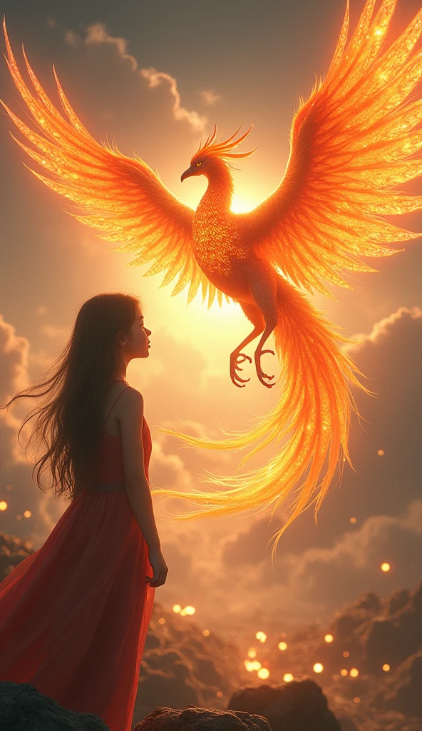 A beautiful detailed phoenix bird, a young girl, highly detailed, photorealistic, 8k, best quality, masterpiece, ultra-detailed, intricate details, dramatic lighting, vivid colors, glowing phoenix, girl with flowing hair, girl gazing at phoenix, fantasy landscape, cloudy sky, golden light