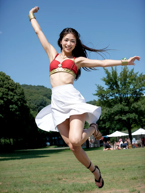 (RAW Photos:1.2), (Realistic:1.4),Beautiful detailed woman,非常にfine grainと顔, fine grain, Very detailed,High resolution, Very detailed,Highest quality,Unified,8k wallpaper,masterpiece,Highest quality,1 female,alone,rich,Whole Body Ezbian,Woman warrior,alone,(Green armor,White Skirt,Sandals),Jewelry Necklace,Medium Long Hair,Spread your arms and legs and jump high:1.5、A kind smile,Realistic,On the Plateau、Valkyrie