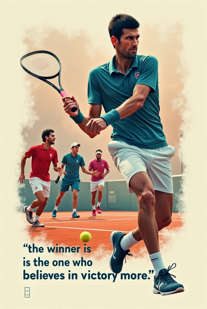 Minimalist and realistic square-sized collage of Novak Djokovic with Jannik Sinner, Rafael Nadal, Carlos Alcaraz, and Andrey Rublev playing a match. In the background a tennis court, with soft and pretty colors, with the English phrase of Novak Djokovic: “The winner is the one who believes in victory more”. It is important that Novak and the phrase are the protagonists of the image.