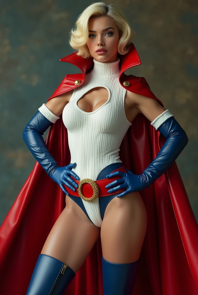 A SEXY BUSTY FEMALE WITH SHORT BLONDE HAIR, BLUE EYES WEARING A WHITE TURTLE NECK CORDROY LEOTARD WITH A ROUND CUT OUT HOLE ON THE CHEST, LONG BLUE GLOVES, TALL BLUE BOOTS, A RED WAIST BELT WITH A YELLOW CIRLCE, AND A LONG RED CAPE ATTACHED AT THE NECK WITH A GOLD CLASP. PHOTO REALISTIC. ABSURD 8K DETIALS AND TEXTURES. MASTERPIECE.