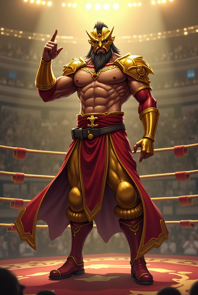 fighter in anime style with golden saint mask, standing golden leggings with red short boots, with a wrestling-like mask that covers the entire head, He has a short dark brown beard with brown skin, a bare torso but with golden sleeves, his right arm raised with two fingers raised towards the temple and the other hand extended with the fingers open, he is on a ring