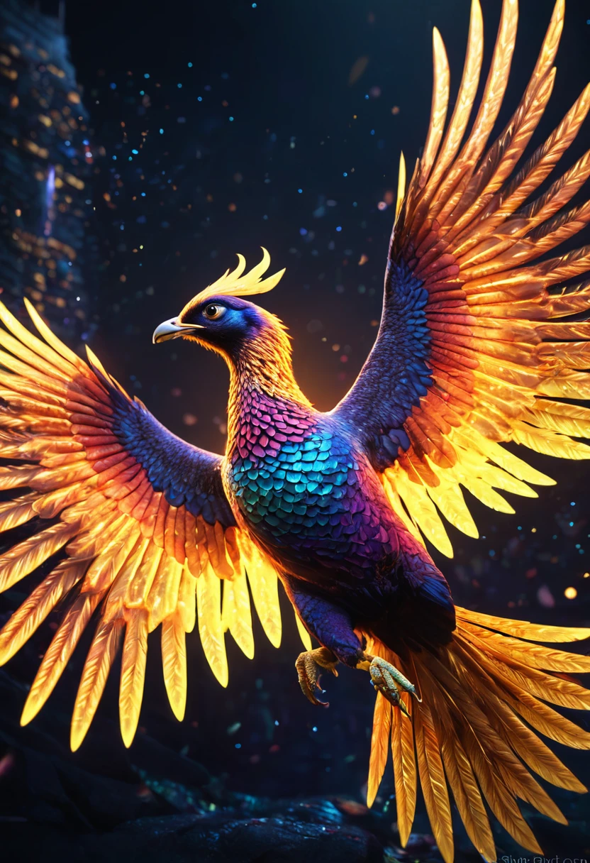 beautiful phoenix, phoenix bird, phoenix in flight, phoenixes soaring, phoenixes flying in the sky, brilliant vibrant colors, glowing colors, shimmering colors, particles of light, sparkling particles, dancing particles, particles of light dancing, bringing blessings to the earth, majestic phoenixes, mythical phoenixes, divine phoenixes, (best quality,4k,8k,highres,masterpiece:1.2),ultra-detailed,(realistic,photorealistic,photo-realistic:1.37),cinematic lighting,dramatic lighting,volumetric lighting,fantasy art,digital art,concept art