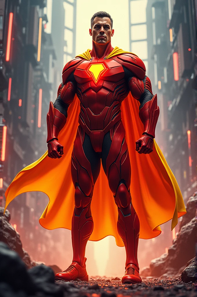 Super hero of the Oxxo cell phone chip in red and yellow