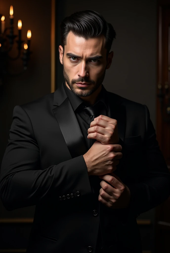 Man in all black suit, short black hair, grey eyes, perfect features, perfect white skin. Black background with black candles in the background. His hands adjusting the cufflinks of his jacket and a lascivious and penetrating look, that I denoted power and perfection.
