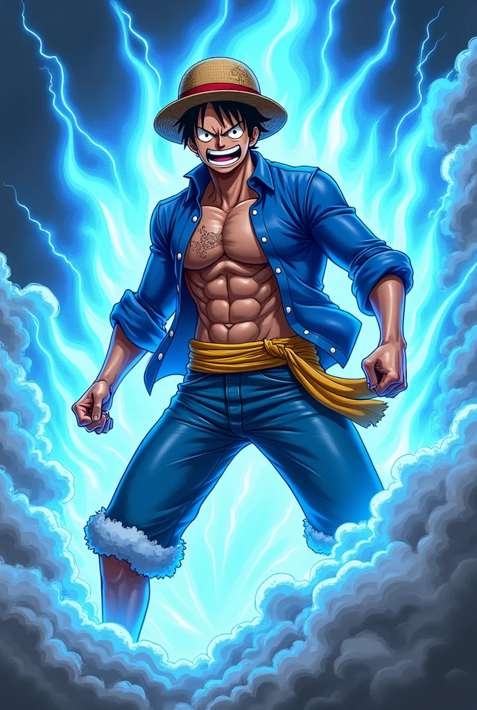 Illustrate Monkey D. Luffy from One Piece unleashing his power in Gear 5 mode. His body is surrounded by intense, swirling black lightning that crackles with energy, creating a dramatic and powerful aura. Luffy's expression is fierce and determined, with a wide, confident grin that reveals his readiness for battle. His muscles are tensed and defined, showing the immense power surging through him. The texture of his skin reflects the strain of his transformation, with veins subtly visible under the surface. The surrounding environment is impacted by his energy, with debris and dust being lifted off the ground, adding a sense of dynamic movement to the scene. Every detail, from the intensity in his eyes to the rippling effects of his power, is meticulously crafted to capture the raw strength and unstoppable force of Gear 5.