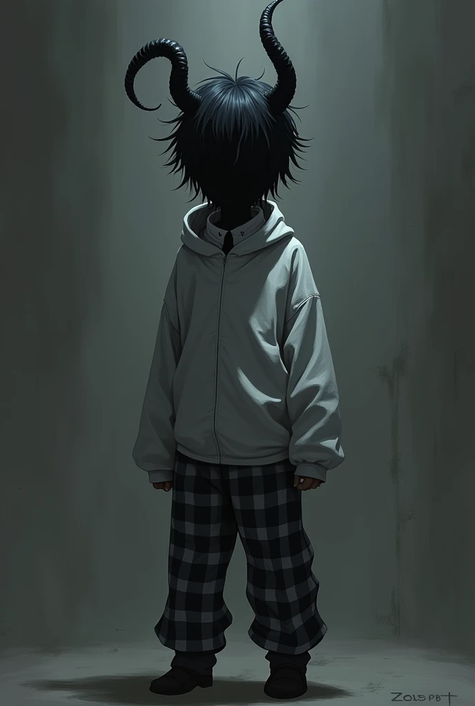 I want an anime boy with messy black hair and no face with black horns with long gray sleeves and gray and black plaid pants