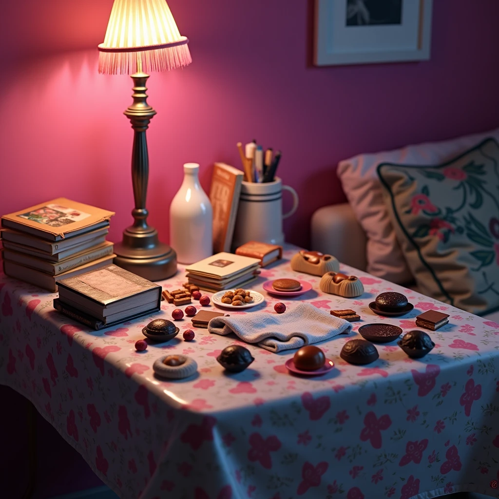 Hyperrealistic concept. Close-up of a tabletop at night. There are waste water, cloth, books, snacks, chocolate, pink wall background, cute elements.