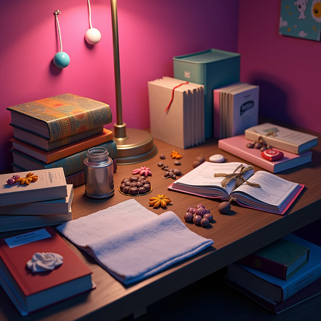 Hyperrealistic concept. Close-up of a tabletop at night. There are waste water, cloth, books, snacks, chocolate, pink wall background, cute elements.