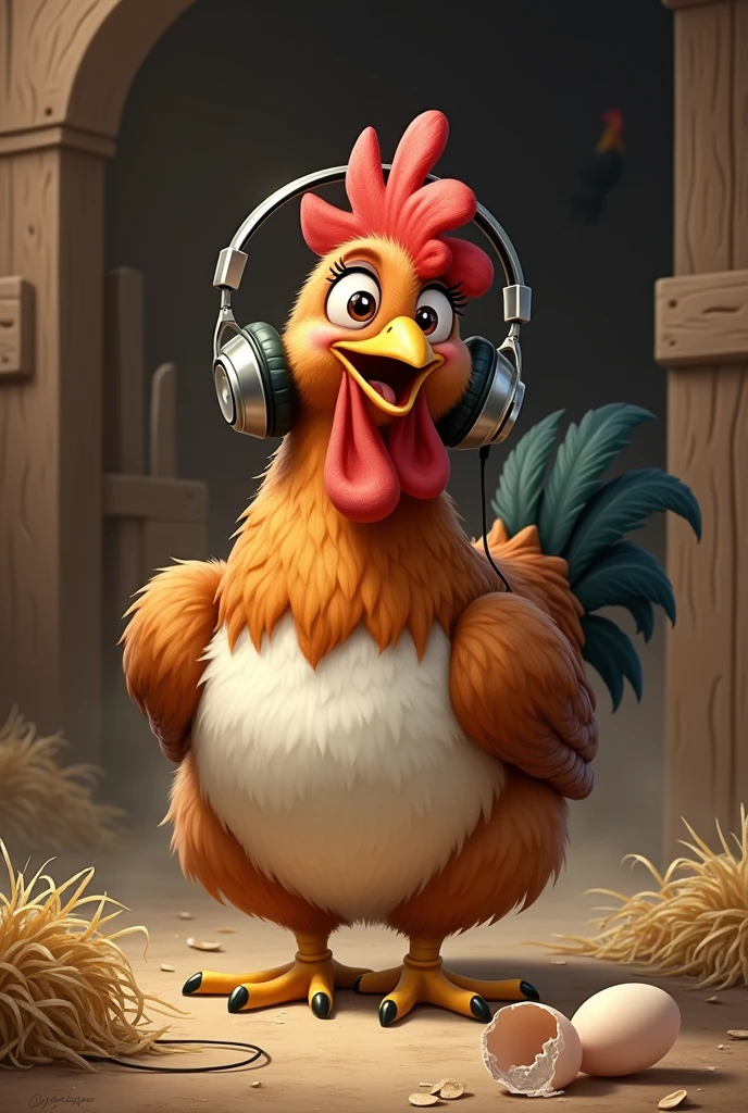 Create a chicken listening to music, The hen loses her headphones 