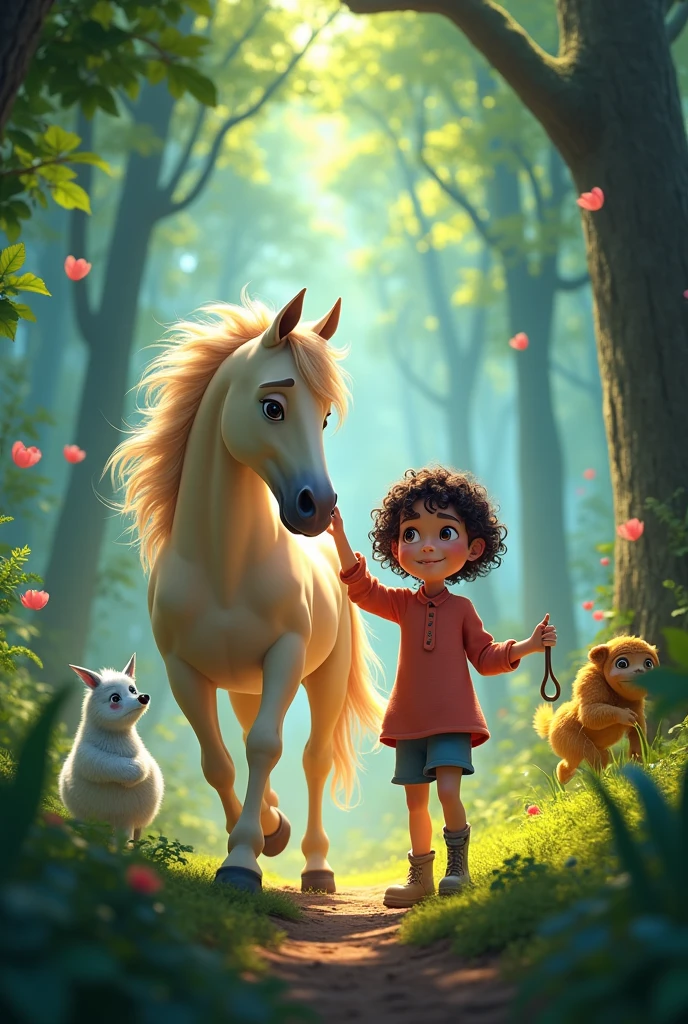 Image of a girl came horse whith guadians in forest for a story in a YouTube video in Pixar format, He's the little allabester, He's the class leader, He's outgoing, Playful and gets up for a lot of things, cabelo curto