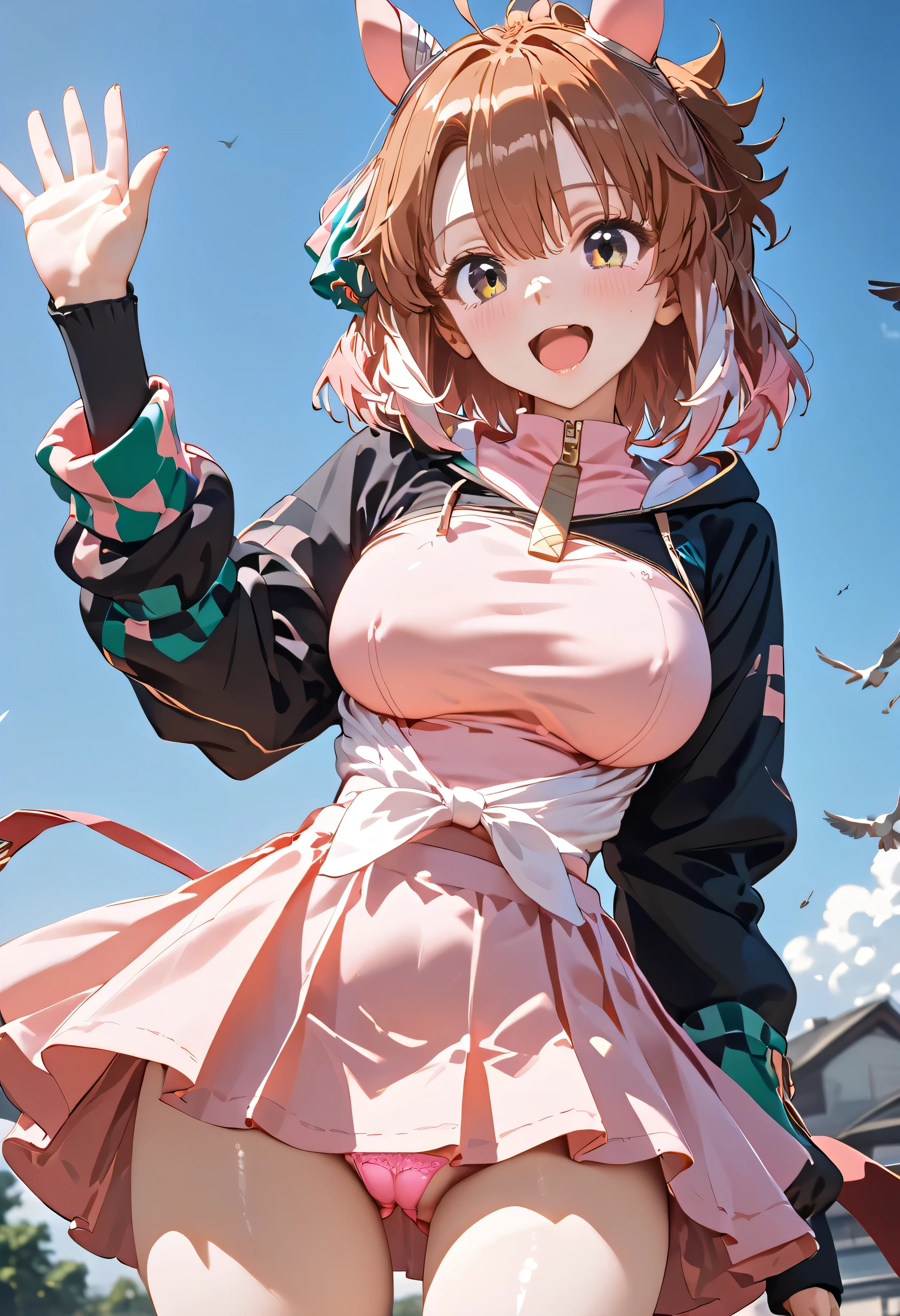 1girl,dantsu_flame\(umamusume\),horse tail,horse ears,pink clothes,mini skirt,front view,from below,looking at viewer,surprised, embarrassed,open mouth,(((floating hair))),wind lift,pink latex panties shot,blue sky,bird,outdoor,smile,waving,shiny skin, shiny,nsfw,ai-generated,,beautiful eyes,masterpiece,best quality,highres,4k,8k,art by Sincos,Cute,Anime,Artist by sincos