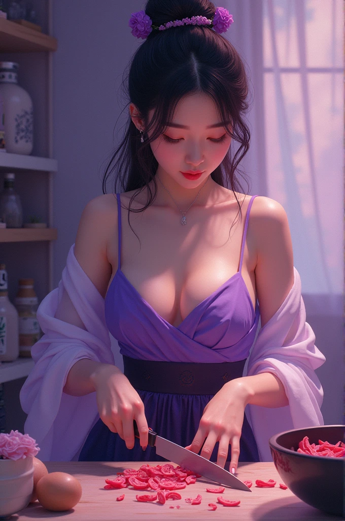 Beautiful Asian Girls, Chopping, gorgeous young korean woman, Purple body, Large chest