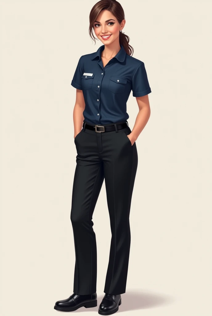 female server wearing navy blue polo and black dress pants with belt black shoes, no background, drawing