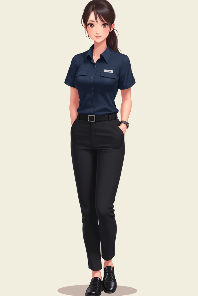 female server wearing navy blue polo and black dress pants with belt black shoes, no background, drawing