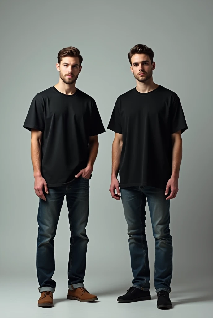 generate two handsome men look alike standing at distance from each other and straight facing in front of camera where one man wearing black oversized round neck half sleeves t-shirt and denim pants looking handsome and second man wearing black regular size t-shirt looking like creep and nerdy against light greyish background.