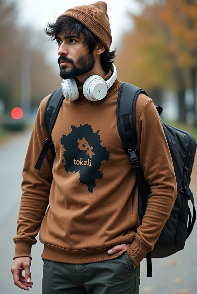 30 year old Asian short man, wavy hair, slight beard, wearing a brown beanie, white gamer headphones around his neck, wearing a brown sweater with a black Celebes map pattern, "TOKAILI" letter on it, view from 3/4, bring camera, carrying a backpacker bag, sneaker shoes