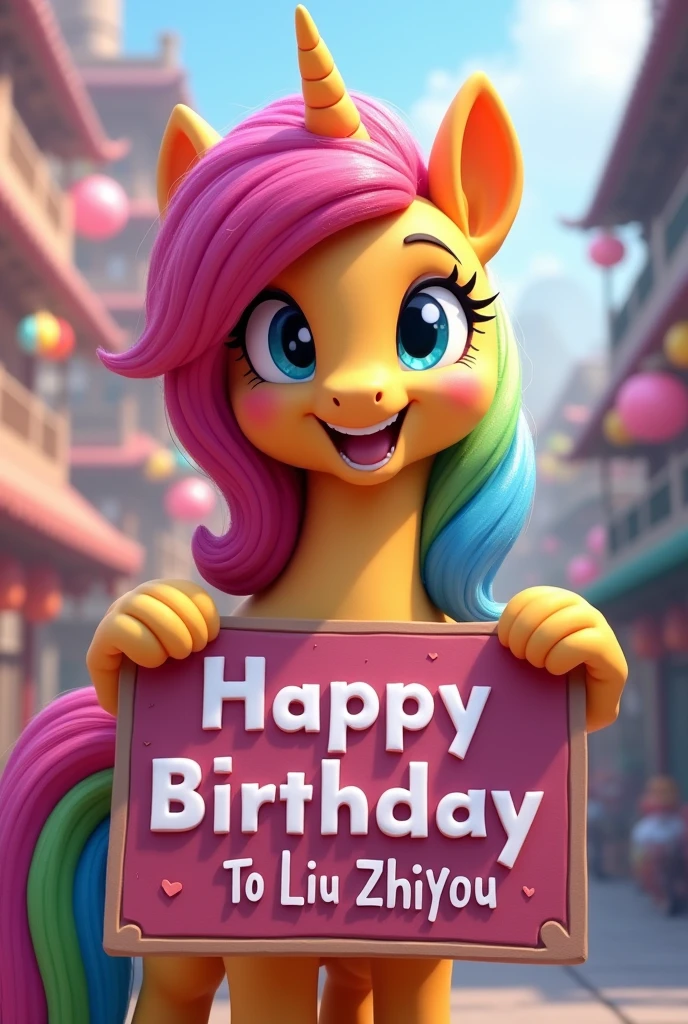My Little Pony holding a sign "Happy Birthday to Liu Zhiyou", Smile, Happy, Reality, Vibrant colors, Fascinating