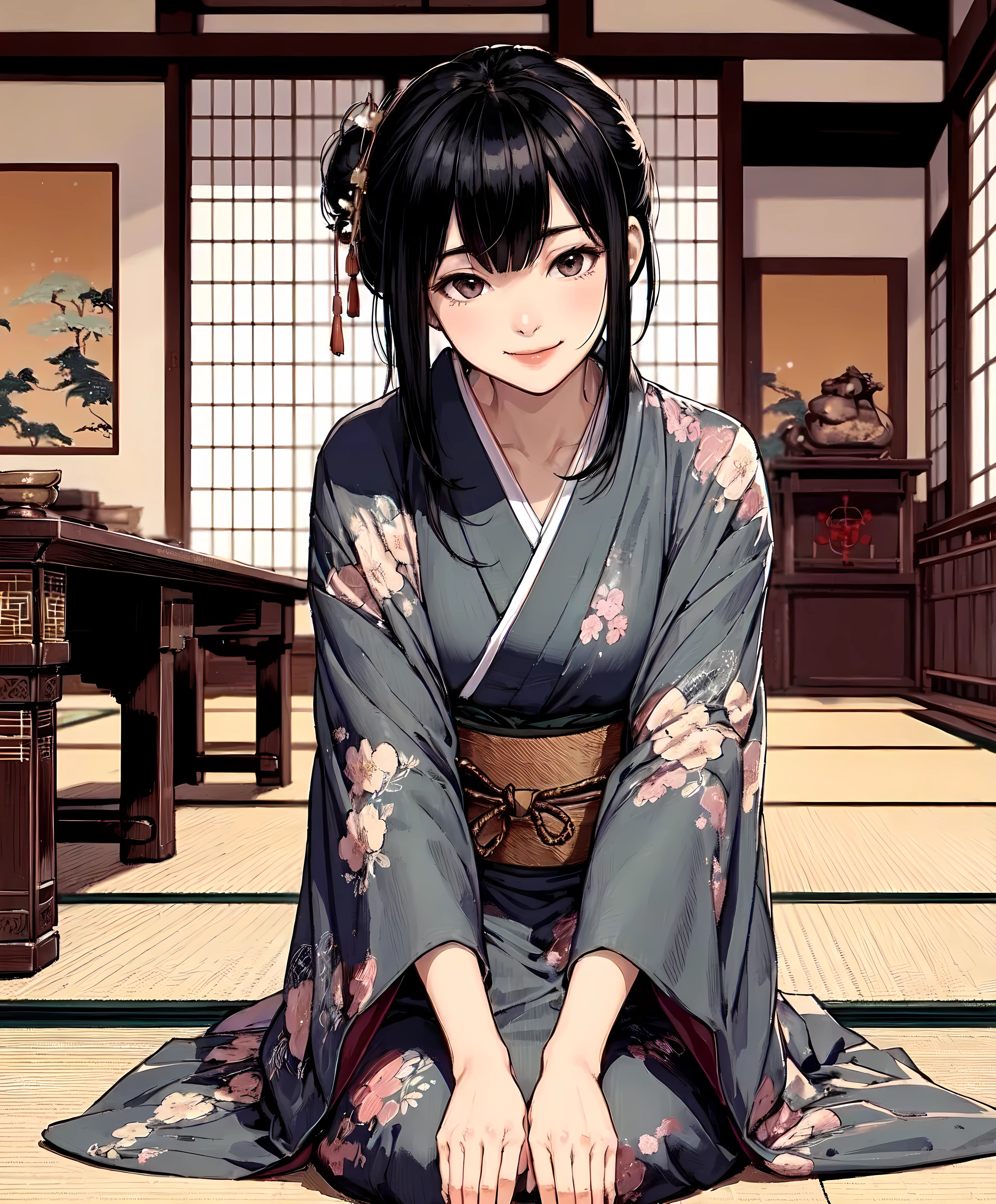 1lady solo, sitting on tatami floor (seiza), (leaning forward) (hands on floor), (simple yukata), (mature female:0.8), /(black hair/) bangs, kind smile, (masterpiece best quality:1.2) delicate illustration ultra-detailed, large breasts BREAK (luxurious Japanese inn) indoors, tatami floor, detailed background