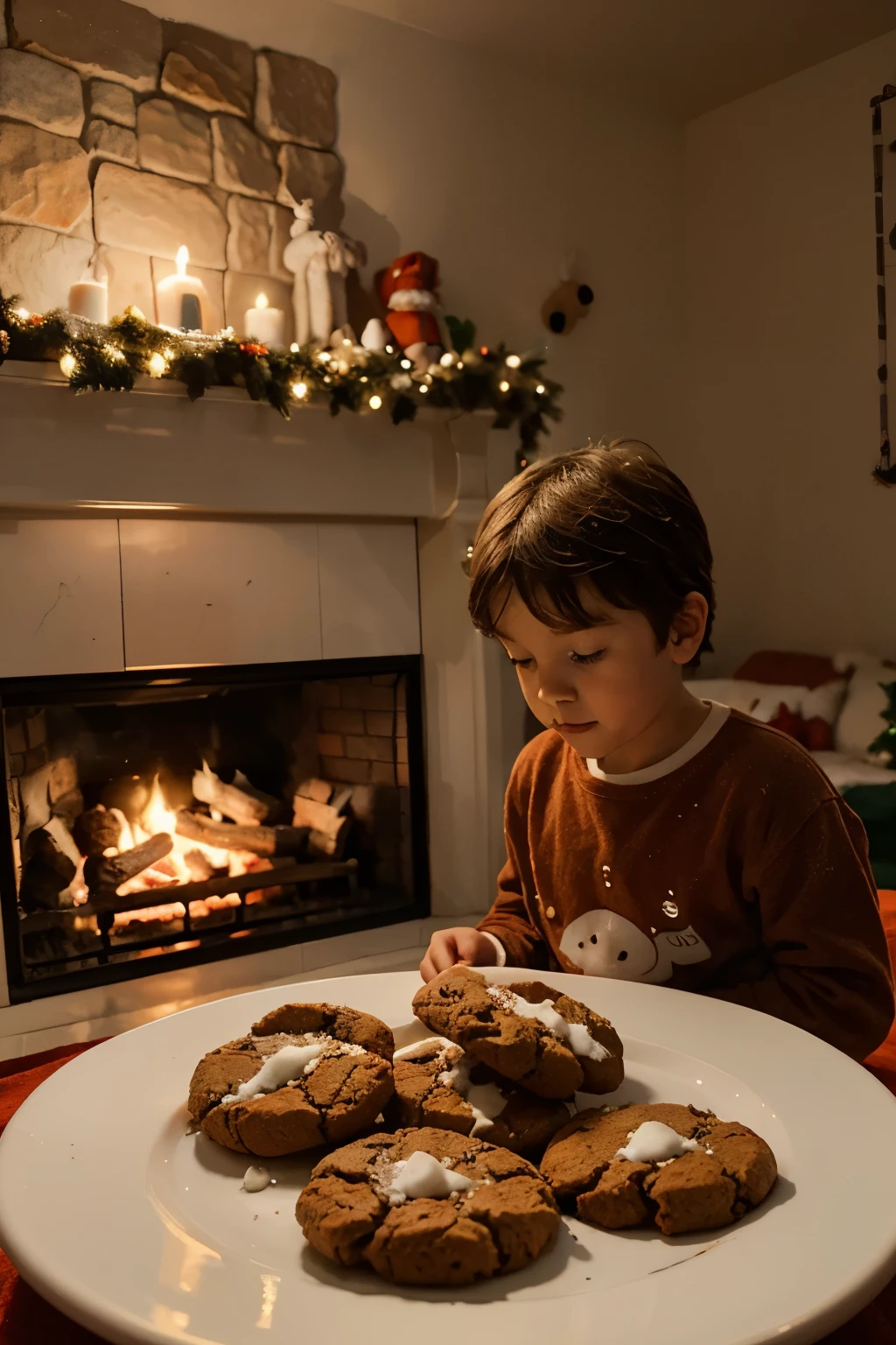 Generate me an image following the following description: A Christmas Eve, A child prepared carrot cookies for Santa Claus.
child: These are the most delicious cookies I have made so far..
He left the cookies on a plate with a glass of milk next to his fireplace.. The boy goes to his room to sleep.