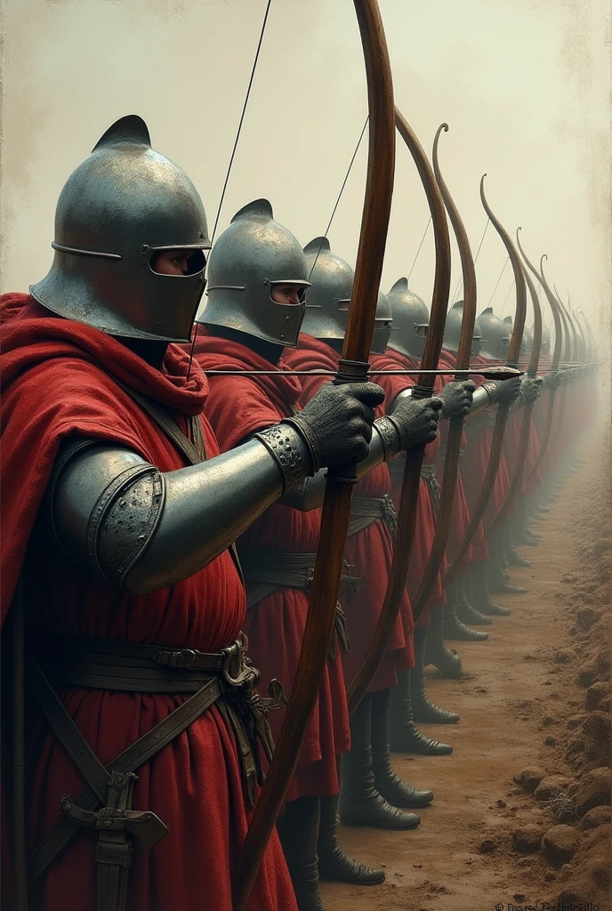 A group of English soldiers with bows and arrows, at the Battle of Agincourt, 1415 formación en línea