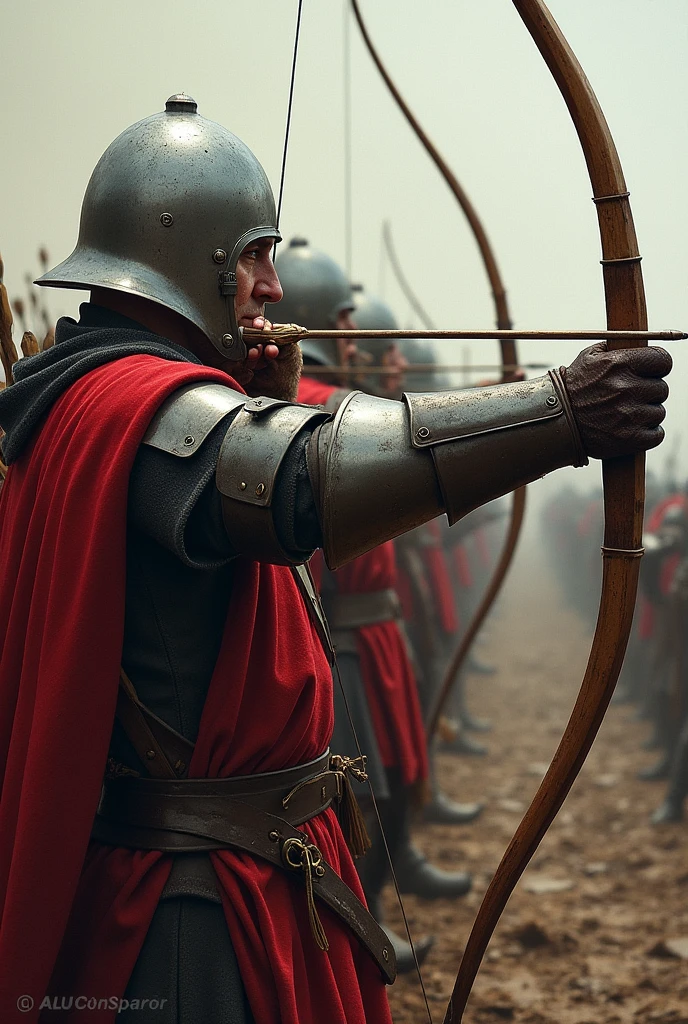 A group of English soldiers with bows and arrows, at the Battle of Agincourt, 1415 formación en línea 
