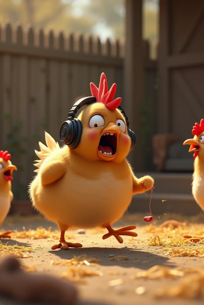 The hen loses her headphones and cries