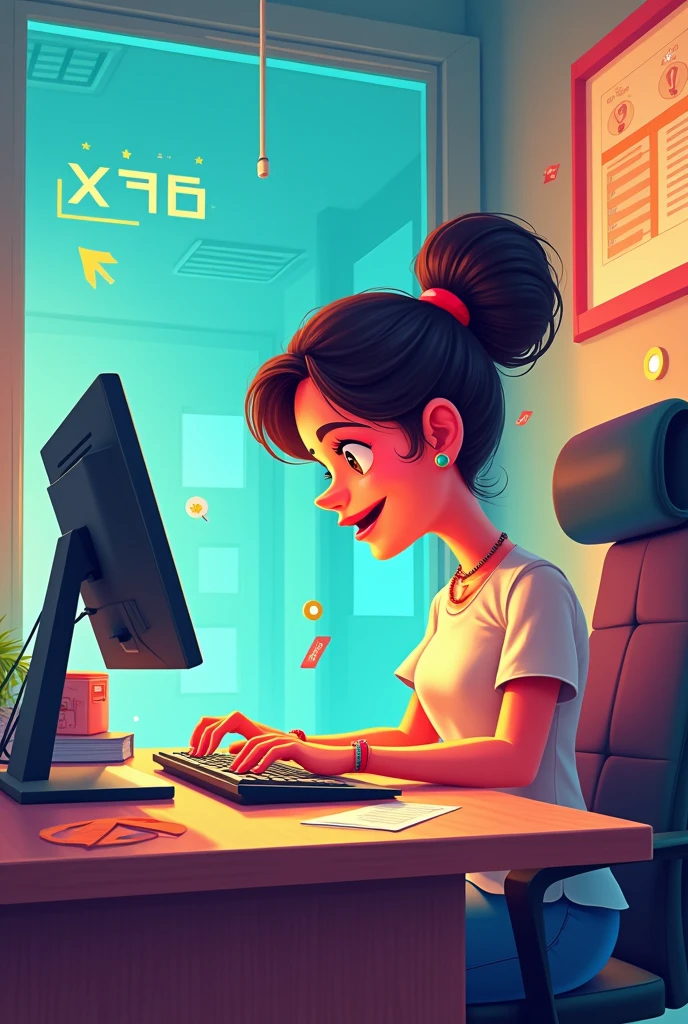 Create an image of a secretary typing at her desk but looking like a game to put on a promotional flyer 
