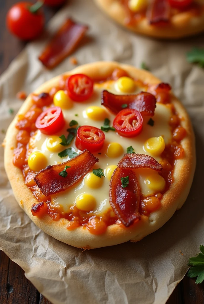 Image of a mini pizza with mozzarella cheese, bacon, pinenton and corn seen from a distance with focus from above