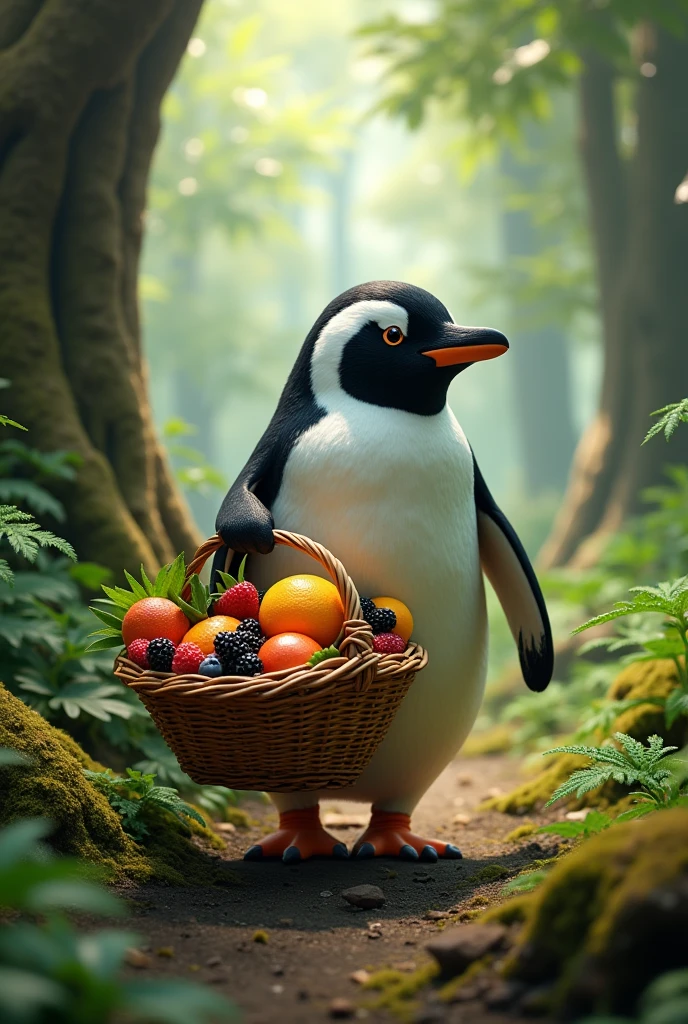 Create a penguin in the forest with a basket full of fruit
