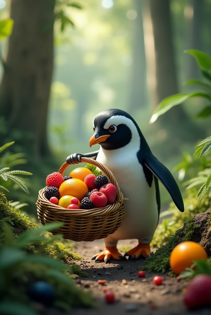 Create a penguin in the forest with a basket full of fruit